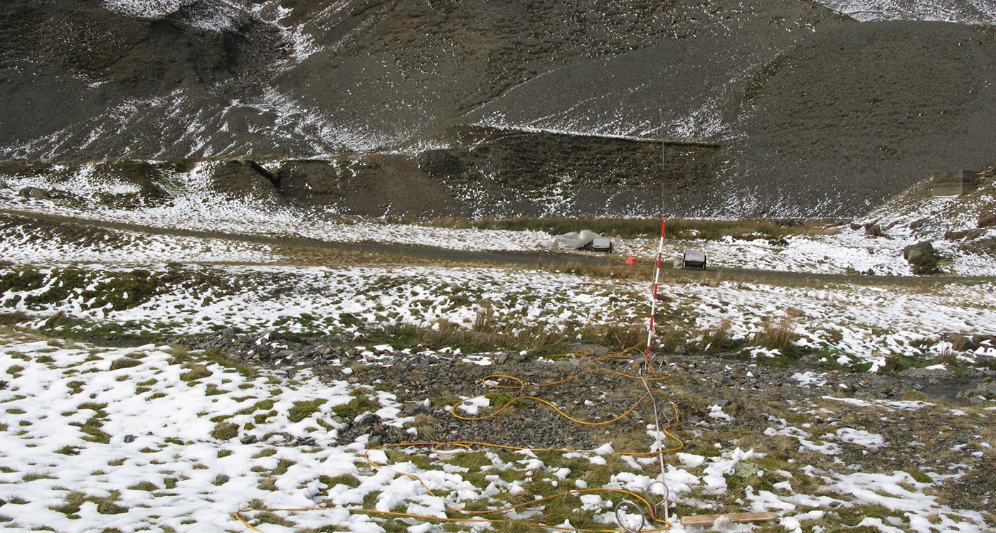 Geophysical survey line using electrical resistivity tomography, Force Crag Mine