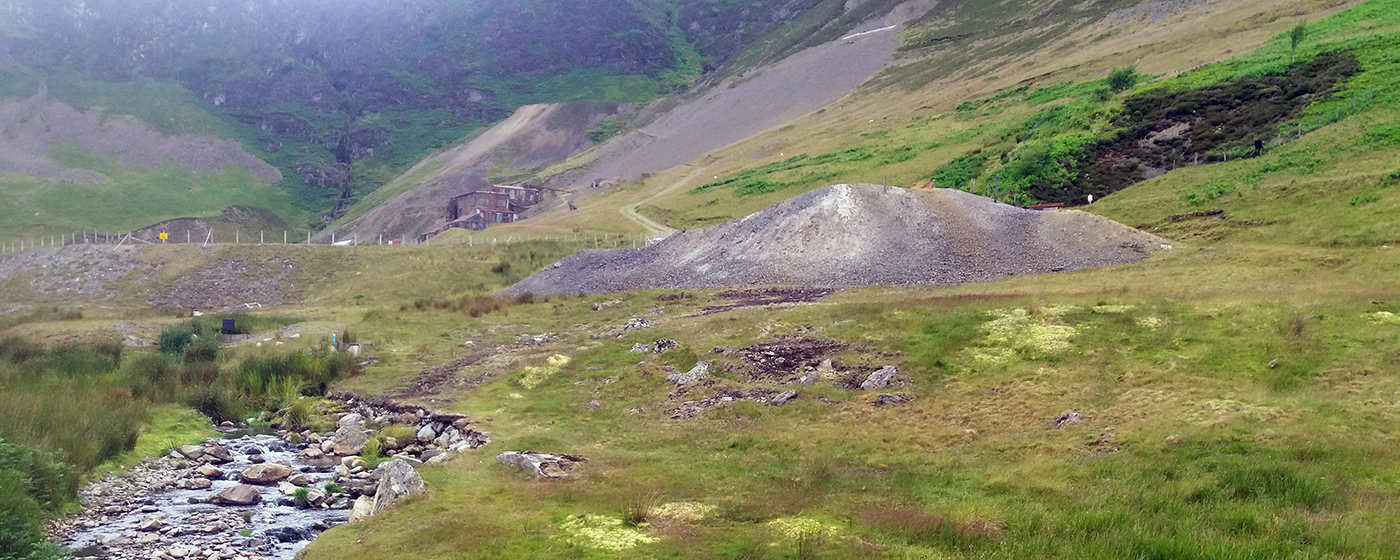 Overview of Force Crag Mine and spoil heaps polluting the Coledale Beck with zinc, UK